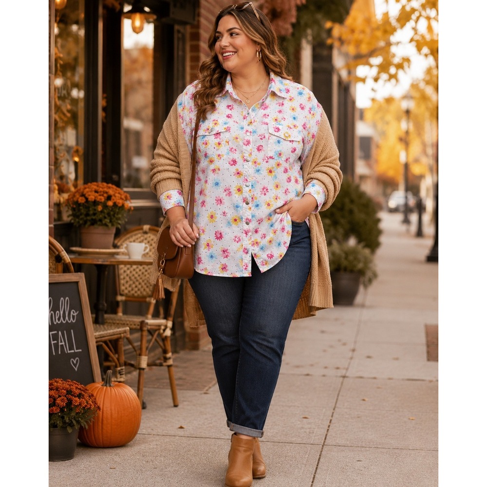 CJ Banks Women's 1X Floral Snap Front Cotton Stretch Shirt Cottagecore